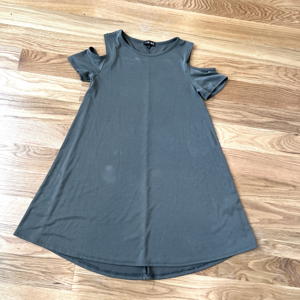 Army olive green loose dress , cut out in shoulder, preowned size small
